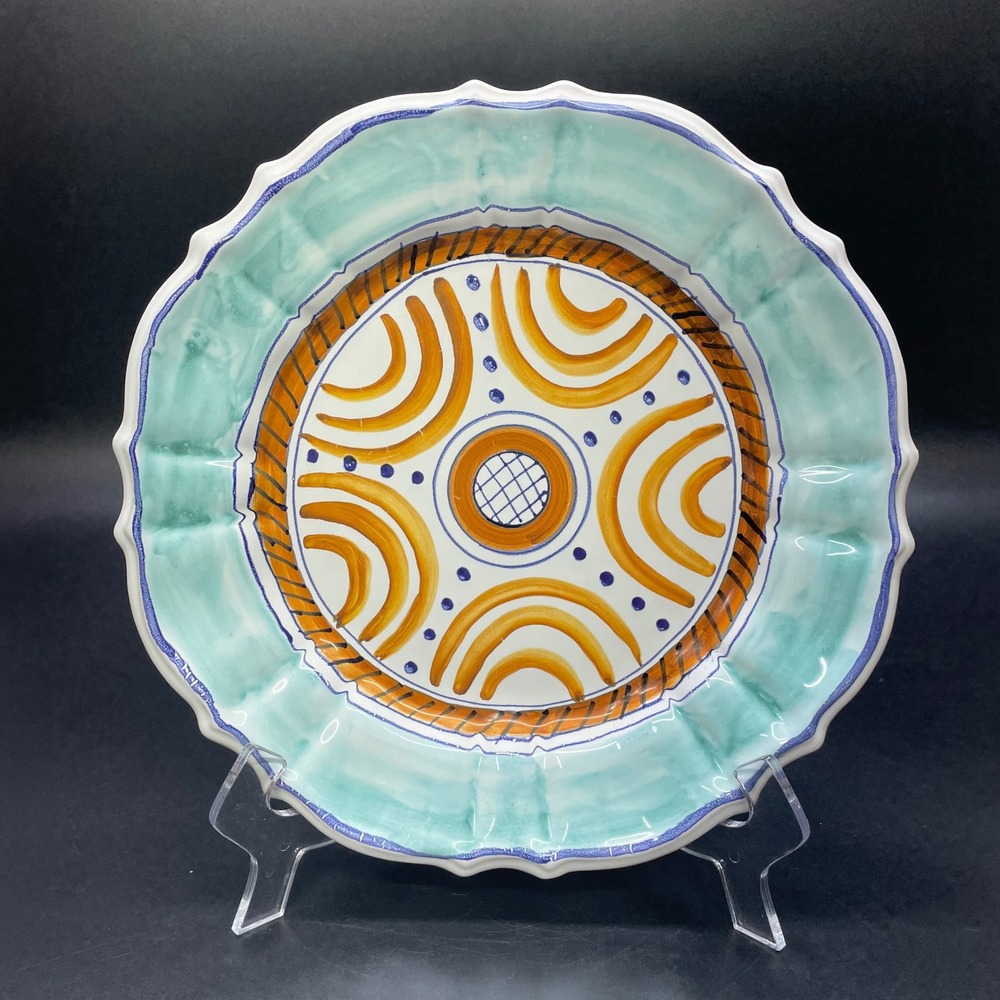 Deruta Hand Made in Italy Decorative Plate Teal Orange Scalloped Ready To Hang